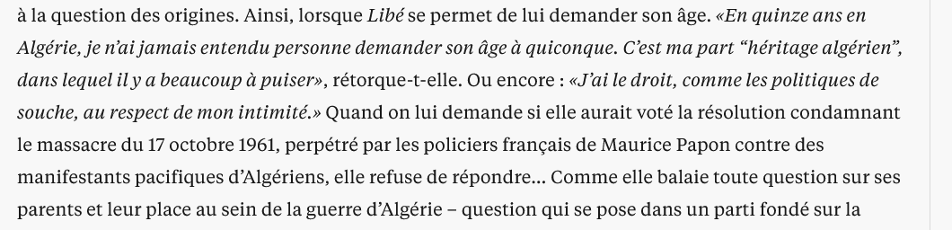 Les meilleurs passages de ce papier : liberation.fr/politique/elec…

<a href="/MalikaSorel/">Malika Sorel</a> victime de racisme systémique
<a href="/MalikaSorel/">Malika Sorel</a> se prend pour le Messie
<a href="/MalikaSorel/">Malika Sorel</a> fait paniquer l'Elysée
<a href="/MalikaSorel/">Malika Sorel</a> qui aurait voté la reconnaissance des crimes du 17/10/61 contrairement au <a href="/groupeRN_off/">Groupe Rassemblement National</a>
