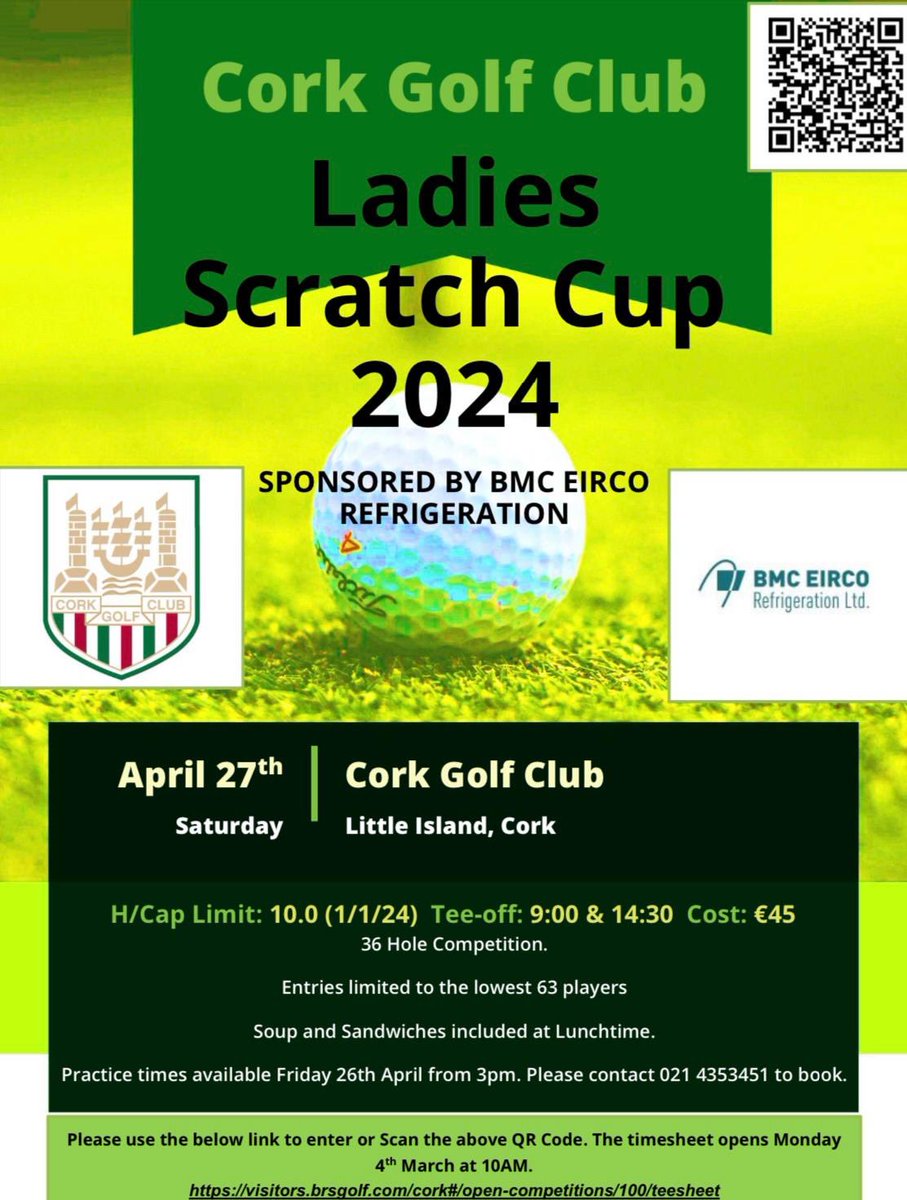 Still availability on the time sheet for the @CorkGolfClub ladies scratch cup, it’s a great course don’t miss your chance to tee it up, Booking visitors.brsgolf.com/cork#/open-com…