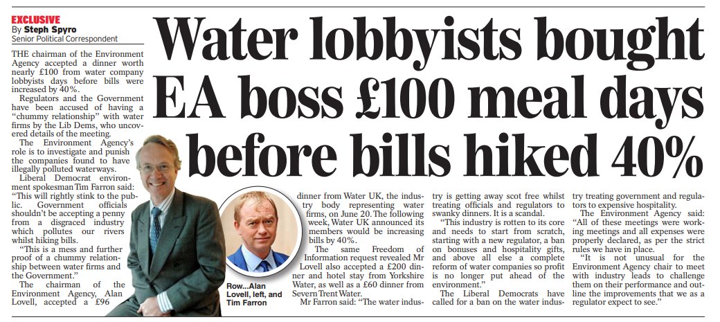 The chair of the Environment Agency accepted a nearly £100 dinner from water company lobbyists just days before water bills were hiked by 40%. Regulators and the Government have been accused of having a “chummy relationship” with water firms. express.co.uk/news/uk/188553…