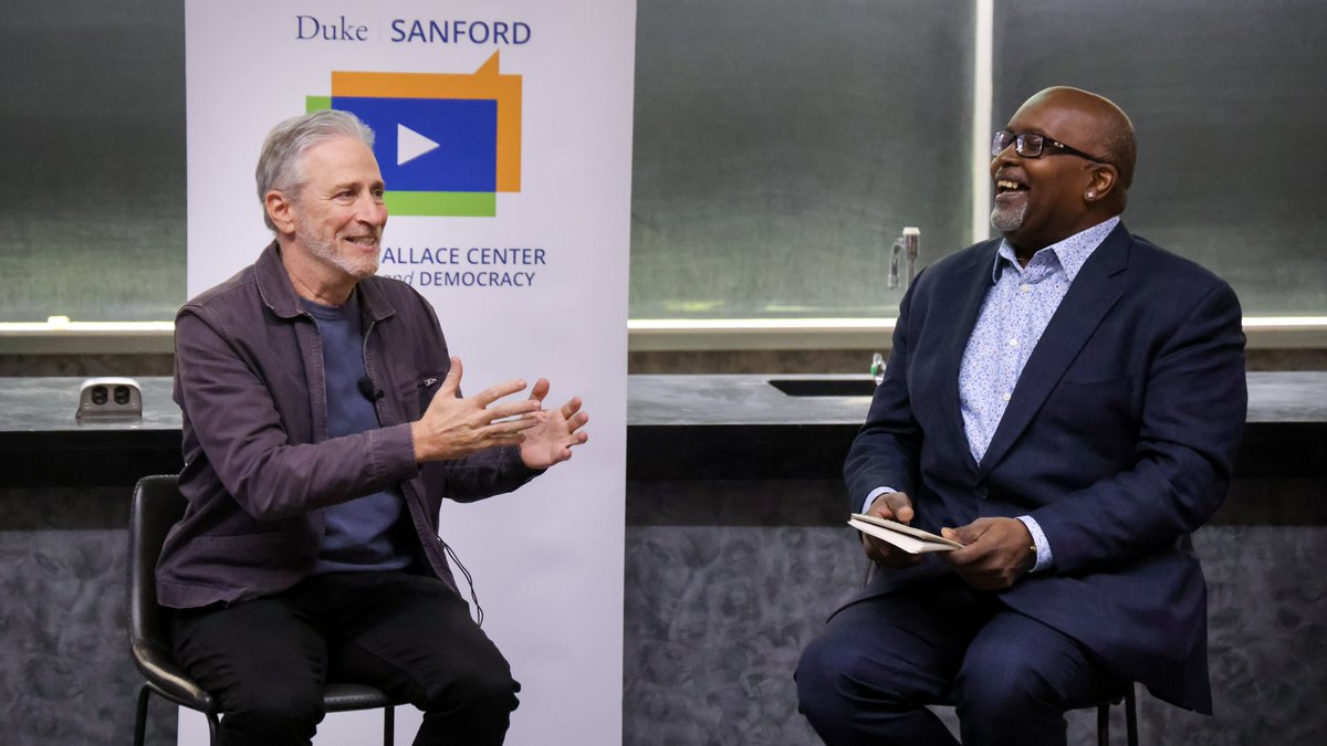 This week the Sanford school welcomed Jon Stewart to campus as a guest speaker in prof Eric Deggans’ Race & Media course. Stewart's ability to seamlessly transition between profound insight and playful humor was on full display ▶️ duke.is/Jon-Stewart