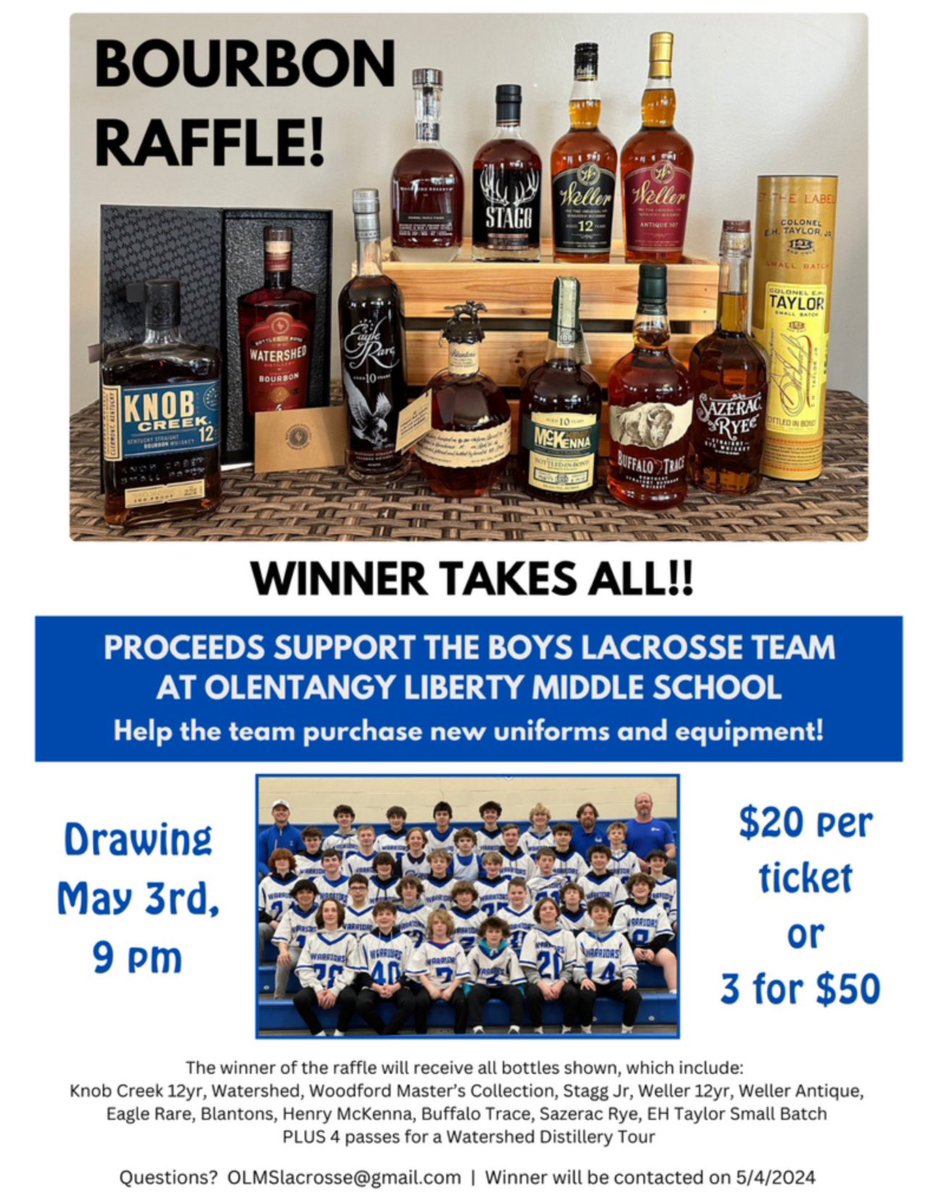 Any bourbon fans out there…my son’s lacrosse team is doing a winner take all bourbon raffle to help raise money for new uniforms and equipment. If interested, hit me up!