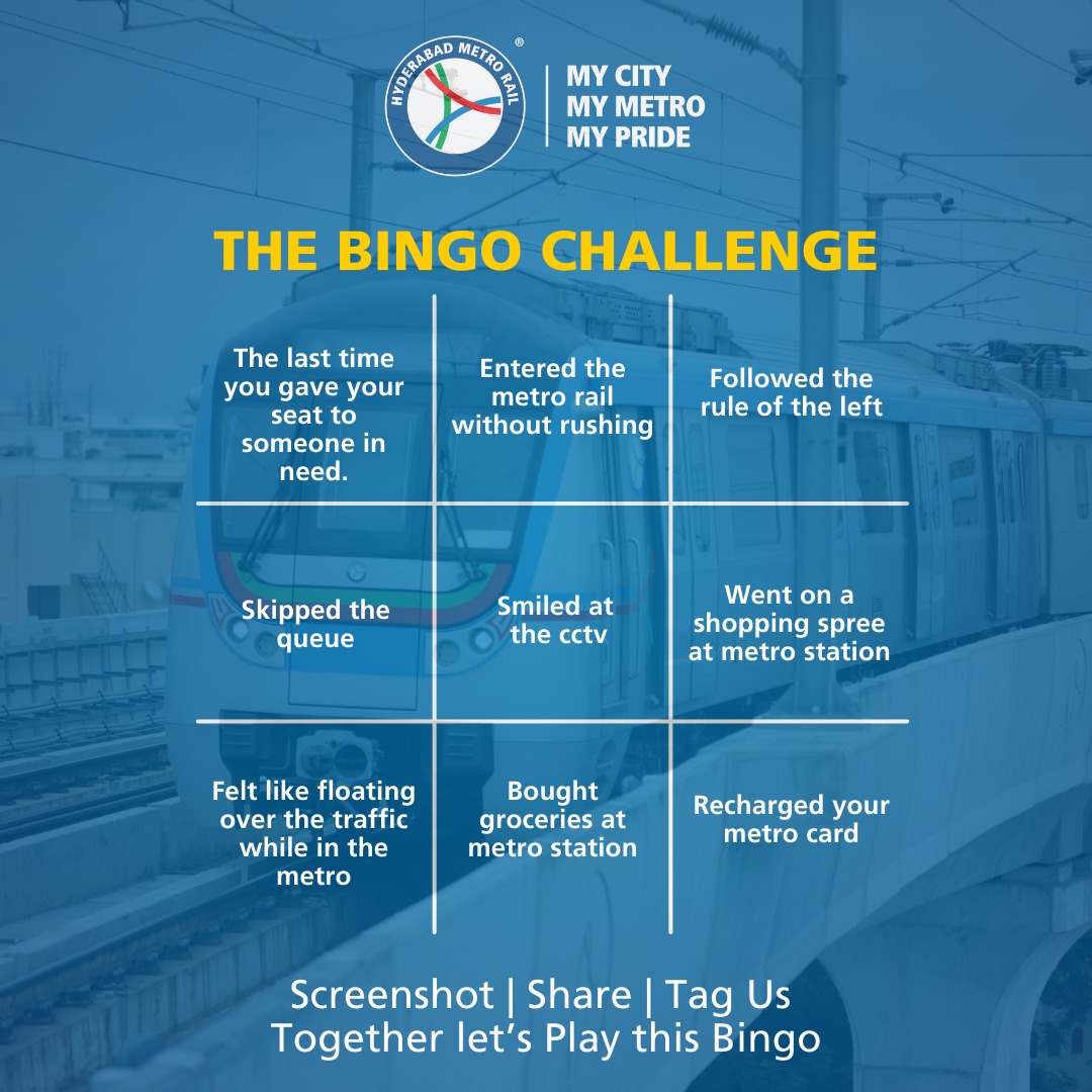 Embark on a journey of experiences with Hyderabad Metro! Join the fun bingo challenge and share how many experiences you've checked off. Don't forget to screenshot your bingo card, post it on your story, and tag us! #landtmetro #mycitymymetromypride #metroride #HyderabadMetro…