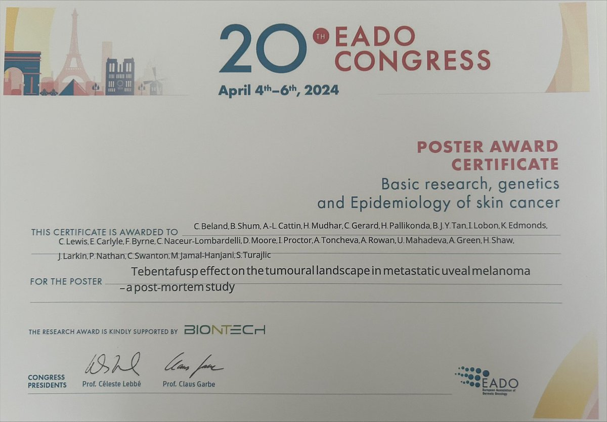 While we are at the #AACR24 our own Chloe Belland won the best poster award at the #EADO24 Congress in Paris #Uveal_melanoma @DrHMShaw @pdnpdnpdn @Ben_Shum_ @AnneCattin @husaynahmed @CamilleGrard6 #PEACE consortium @MariamJHanjani