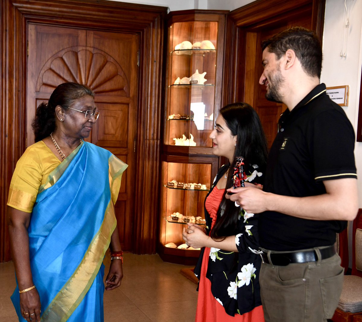 A day to remember! 
Called on the President of India, Her Excellency Shrimati Droupadi Murmu Ji.
It was a privelege to greet the President. 
We presented to her a momento of Jarwa Tribe. We expressed our gratitude for her blessings which we received via her letter at our wedding.