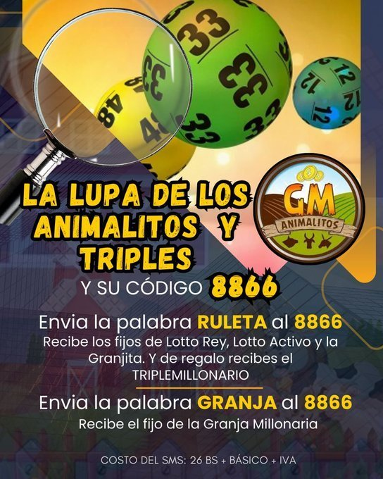 clubhipicoxtves's tweet photo. #Gana Con Los #Animalitos  con LA LUPA 8866

Envianos la Palabra (RULETA AL NUMERO 8866 )
#Recibes los Fijos para:

✅#LottoRey
✅#LottoActivo
✅#LaGranjita

Suscripciones #Vip #Wasap + 58 4144637961

#EEUU #Zulia #Caracas #Aragua https://t.co/p5Xm6EcPZj