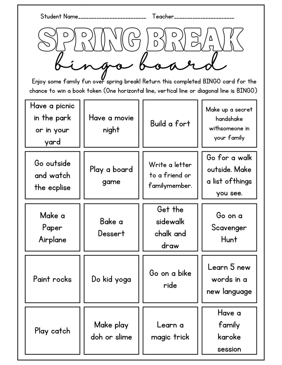 Spring Break BINGO! Enjoy some family fun over spring break! Return a completed BINGO card for the chance to win a book token (One horizontal line, vertical line or diagonal line is BINGO) Cards are due April 16th! #wtetowerup