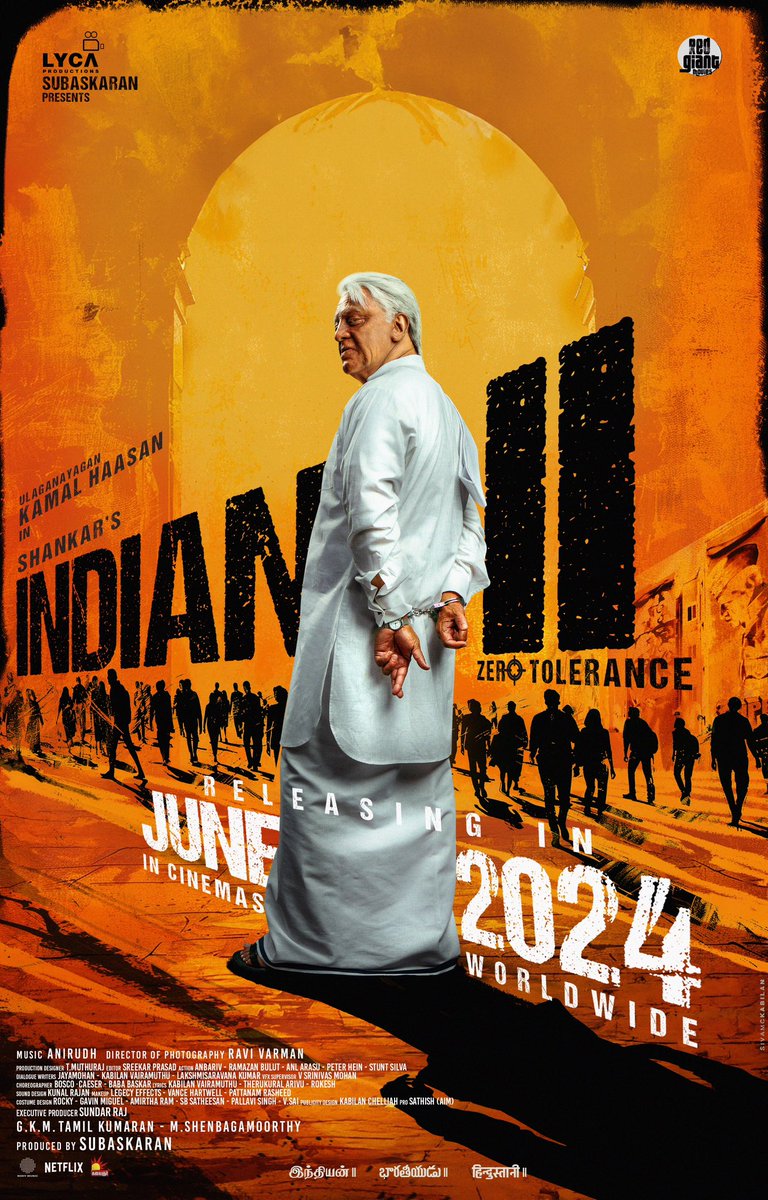 Gear up for the comeback of Senapathy!🤞INDIAN-2 🇮🇳 is all set to storm in cinemas this JUNE. Mark your calendar for the epic saga! 🫡🔥 #Indian2 🇮🇳 🌟 #Ulaganayagan @ikamalhaasan 🎬 @shankarshanmugh 🎶 @anirudhofficial 📽️ @dop_ravivarman ✂️🎞️ @sreekar_prasad 🛠️ @muthurajthangvl…