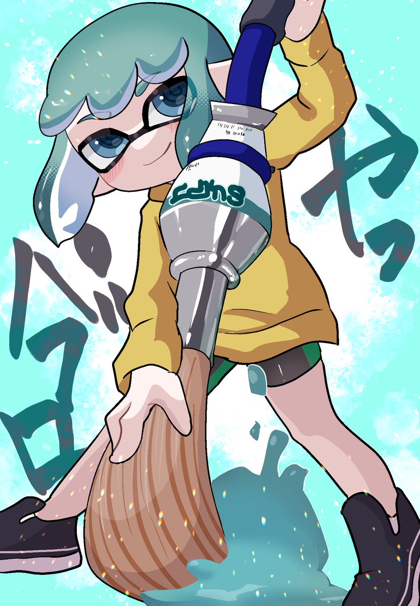 inkling girl ,inkling player character 1girl solo looking at viewer smile short hair blue eyes long sleeves  illustration images