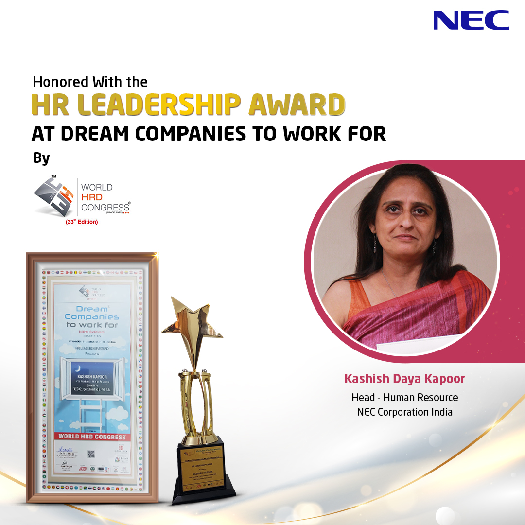 We are delighted to share that, Kashish Kapoor, HR Head, NEC Corporation India, has been honored with the HR Leadership Award at 'Dream Companies To Work For' by the WORLD HRD Congress. 

#Leadership #HR #HRInnovation #HRLeadership #HRAward #DreamPlaceToWorkFor #BestPlaceToWork