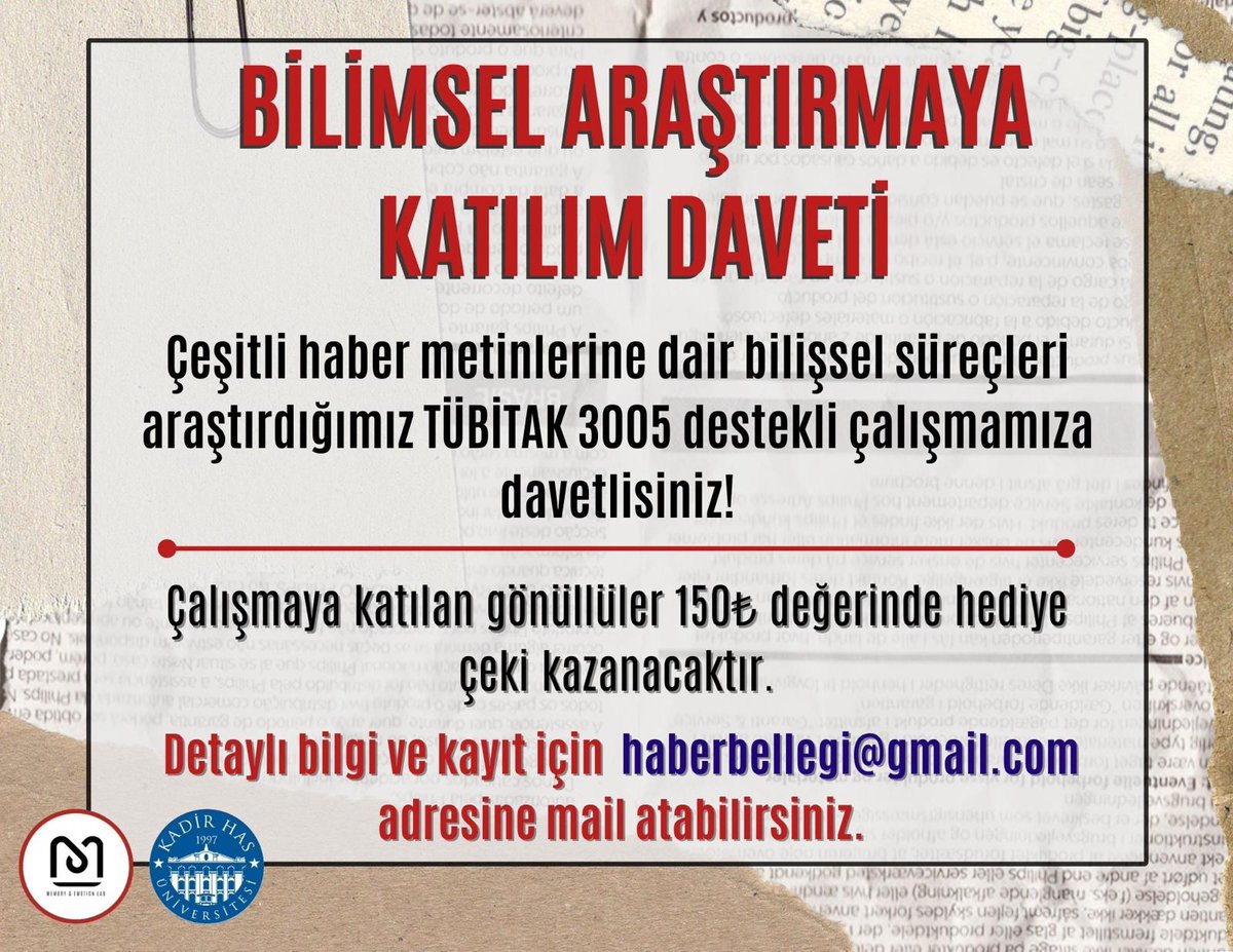 Yine bir bilime destek ricası ile geliyorum. Günlük hayatta sürekli maruz kaldığımız haberlere ilişkin hafızamızı inceliyoruz. Katılmak ve karşılığında 150 TL'lik hediye çeki almak isterseniz haberbellegi@gmail.com'a e-mail atınız.
Teşekkürler 🍀