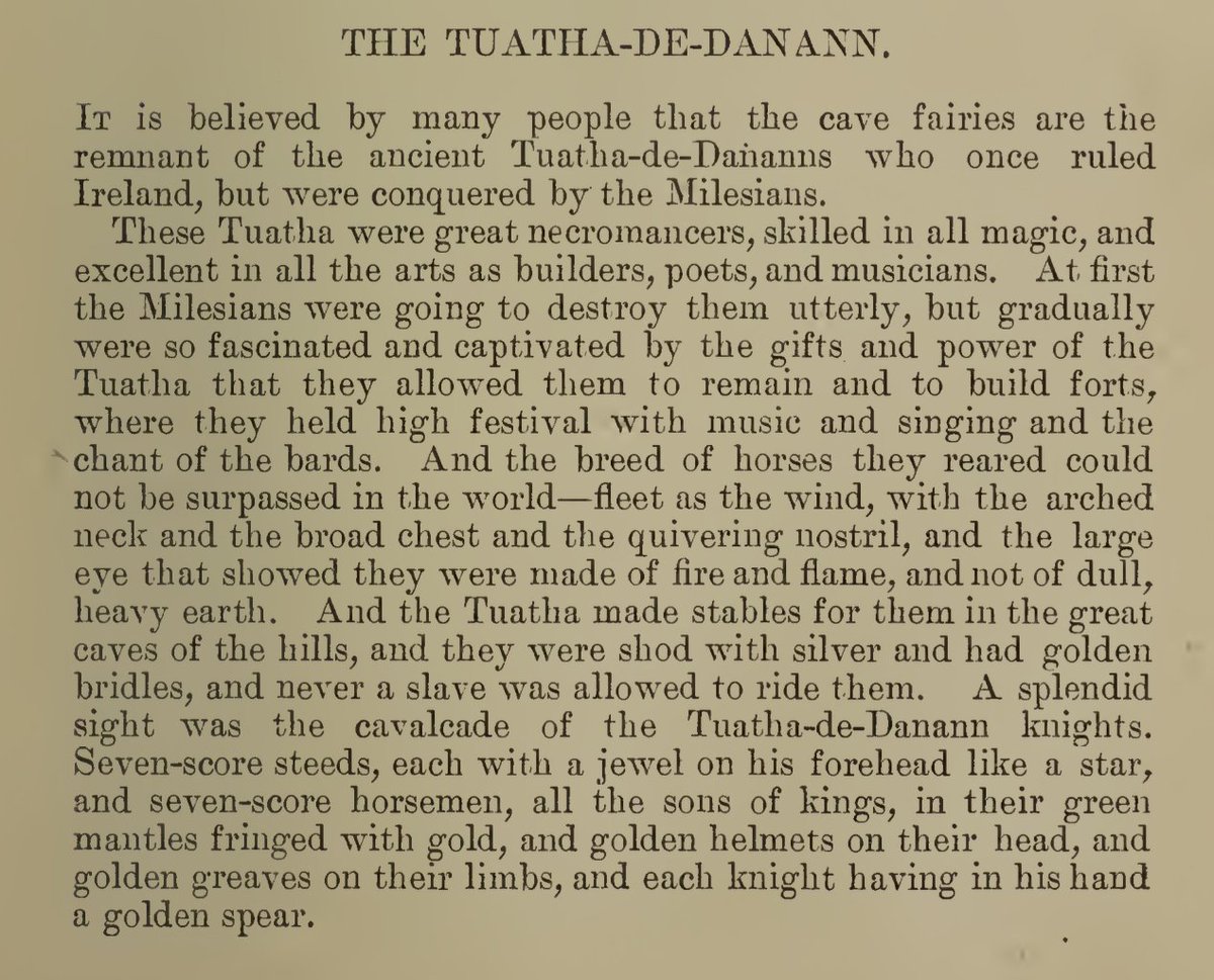 The Tuatha Dé Danann 'And the breed of horses they reared could not be surpassed in the world-fleet as the wind, with the arched neck and the broad chest and the quivering nostril, and the large eye that showed they were made of fire and flame, and not of dull, heavy earth.'