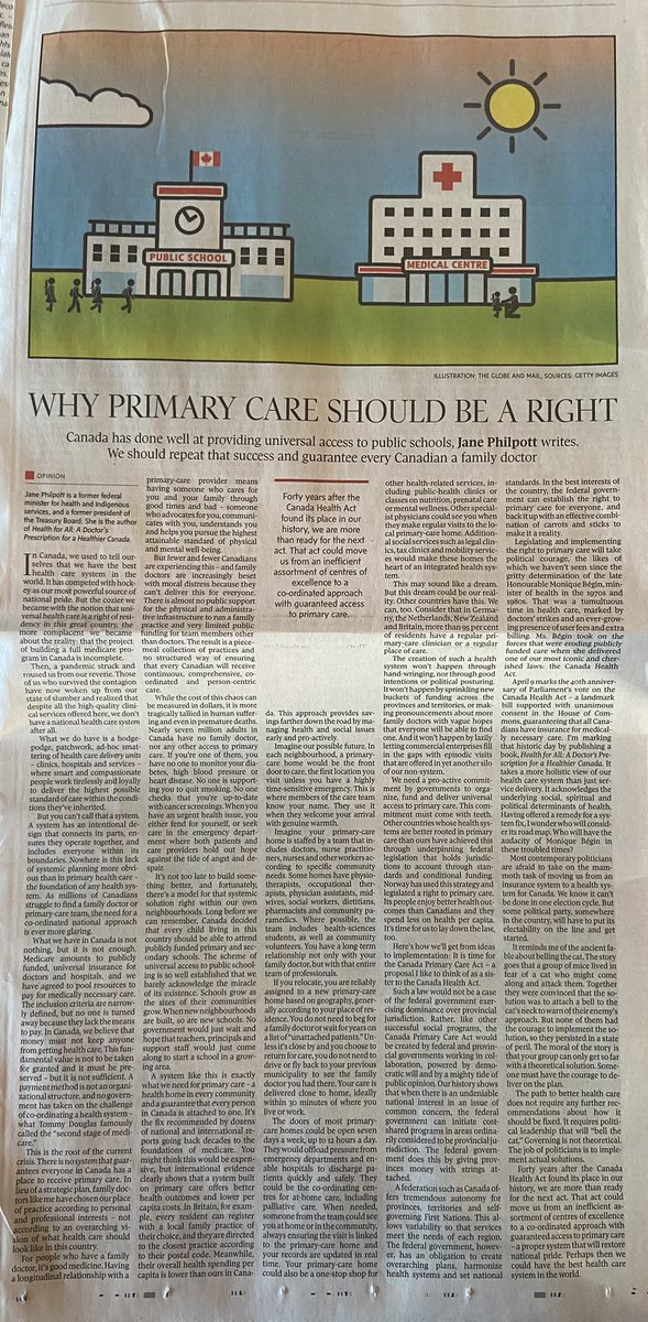 Primary care should be a legislated right. That >6.5 million people in Canada go without it is antithetical to the values people hold dear and the promise of Medicare Thanks @janephilpott for this terrific op-ed. I can’t wait to read your book! theglobeandmail.com/opinion/articl…