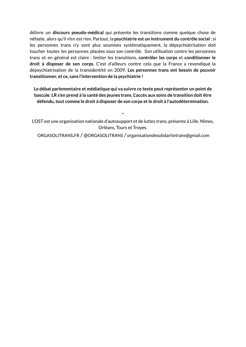 🟣Communiqué | Interdiction des transitions des mineurs : le contenu de la proposition de loi • interdire l’accès aux transitions médicales chez les mineurs ; • créer un délit de prescription ; • développer la psychiatrisation.