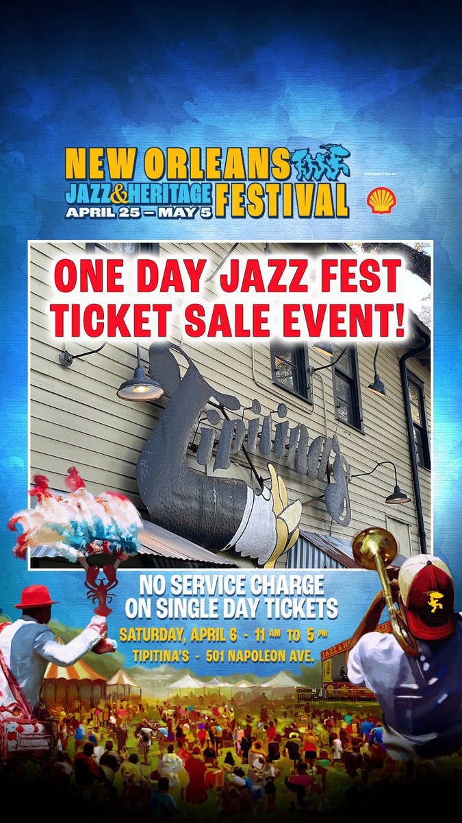 Today is our one-day Jazz Fest ticket sale at Tipitina's! Saturday, April 6. 11 am to 5 pm. 501 Napoleon Ave. No service charge on single-day tickets. Payment must be made with a credit card (no cash accepted). #jazzfest #tipitinas