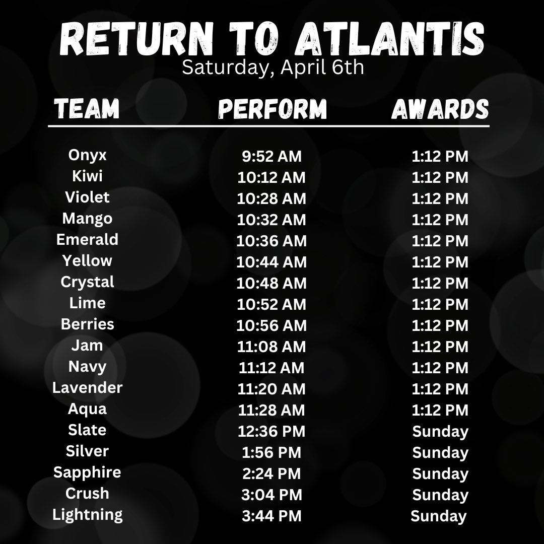 It’s day one of Return to Atlantis and 36 incredible BA teams will be taking the floor today! We are so excited for our Half Season teams as they compete for the first time today! Here are all the day one performance times! 🤩🅱️🅰️💪

#BrandonAllstars #BrandonStrong #BAWC