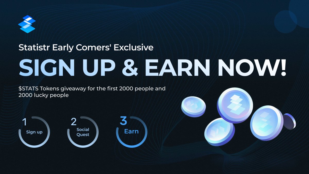 Crypto enthusiasts, listen up! 📢 Statistr’s Special Event for Early Comers is officially underway! 📢 Seize the chance to secure your spot and unlock exclusive benefits with Statistr at: statistr.com/quest Don’t miss out this opportunity! Join us to claim $STATS tokens