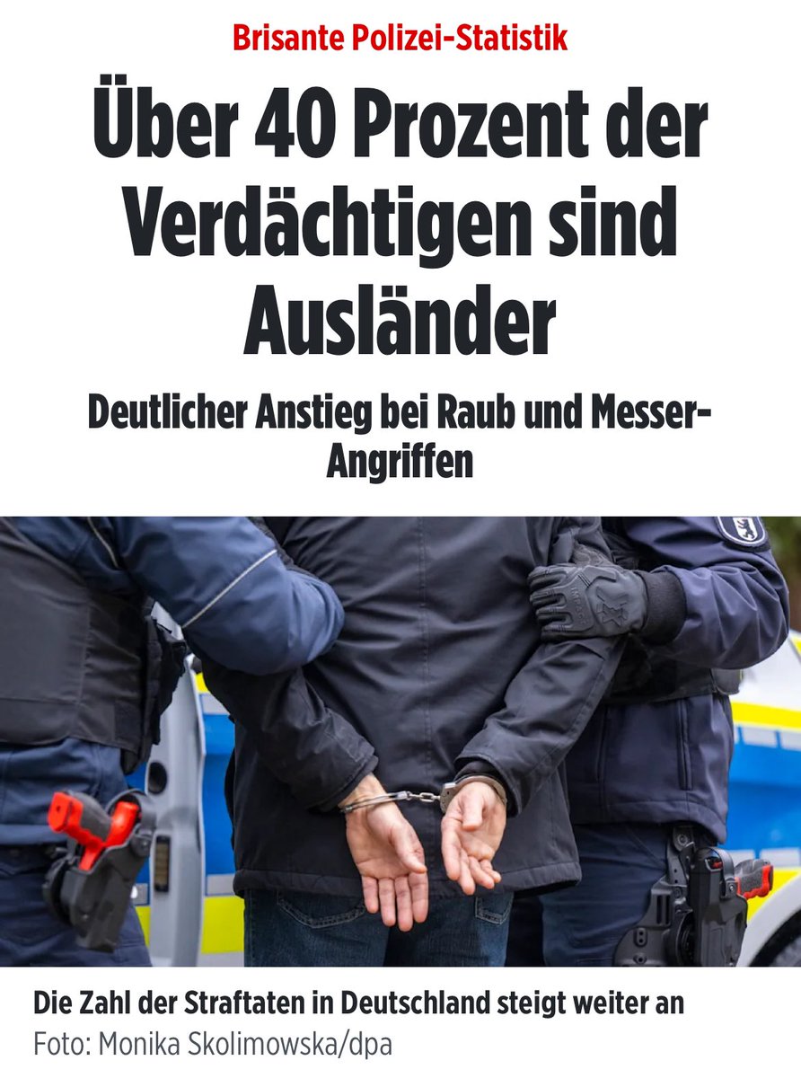 Deutschland versinkt in AUSLÄNDERGEWALT❗️

41% der Straftäter sind Ausländer bei NUR 14% Bevölkerungsanteil.

Insgesamt wurden 2,246 Mio. Tatverdächtige gezählt von denen 923.269 KEINEN DEUTSCHEN PASS haben.

Die Gewaltkriminalität hat einen Höchststand seit 15 Jahren erreicht.