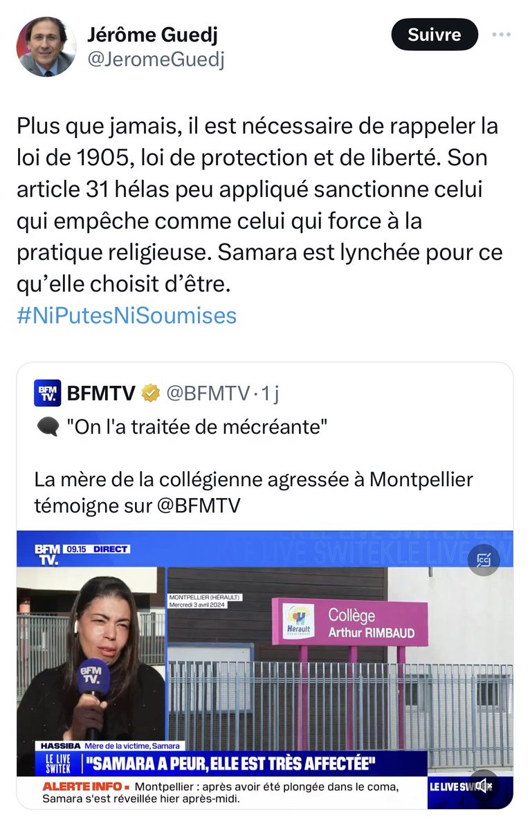 🔴Toute cette diatribe bien bien réac sur la base d’une rumeur que le parquet n’a pas retenue et avec pour signature un hastag des plus répugnants et islamophobes.

@JeromeGuedj vous êtes à la ramasse en plus de vous sentir bien idiot d’avoir relayé une infox.

#PlusJamaisPS