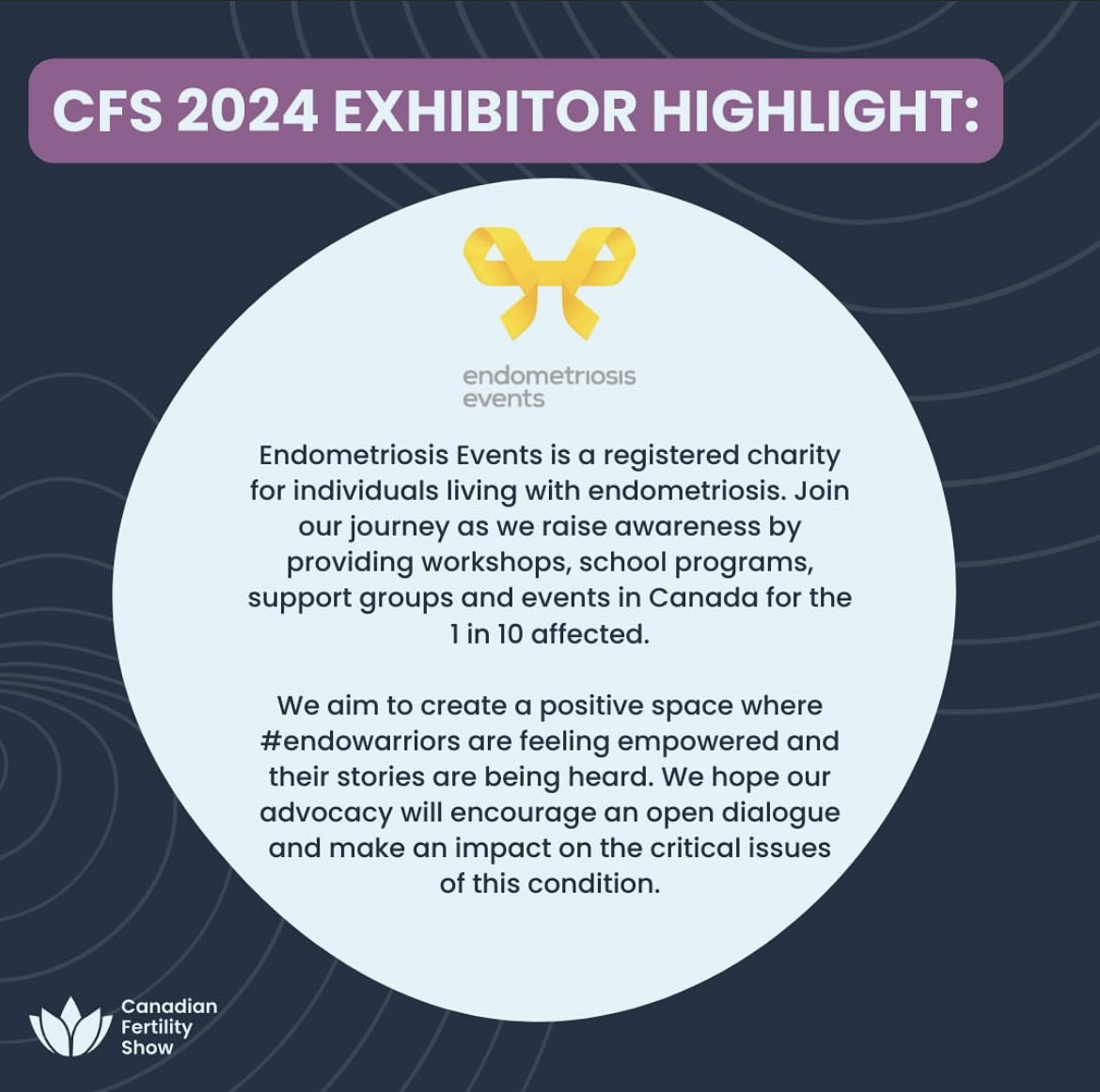 ⏳TWO WEEK COUNTDOWN… Stop by our booth at the #CanadianFertilityShow as we continue to raise awareness of #endometriosis. 🗓️ April 20 at 9:00 a.m.-5:00 p.m. International Centre, Mississauga 🎟️ Tickets available now! Save with discount code: ENDO24 canadianfertilityshow.ca