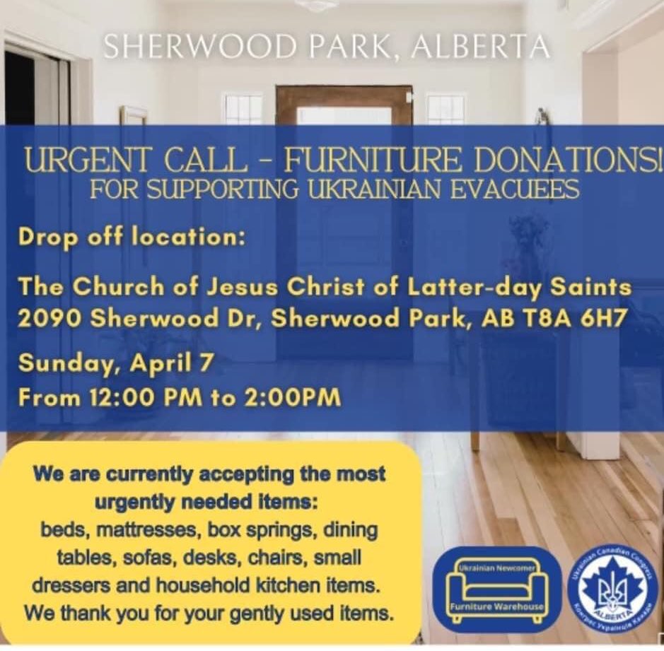 Furniture donations needed for Ukrainian Evacuees. Drop location in Glen Allan on April 7 #shpk 🇺🇦