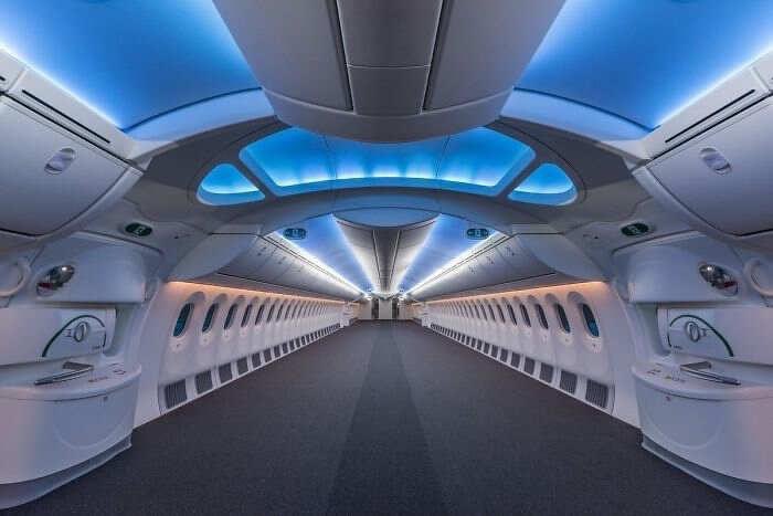 This is what the interior of a Boeing 787 looks like before the seats are installed.