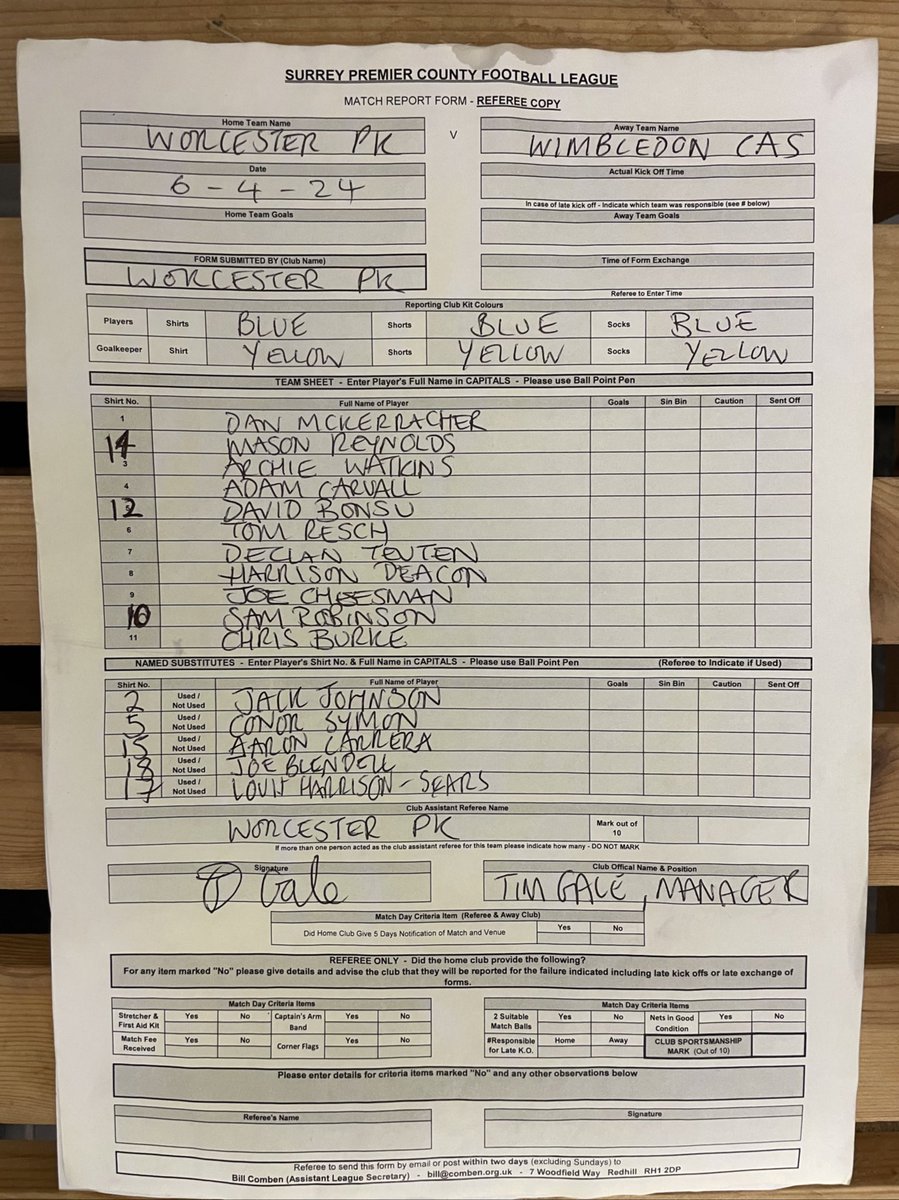 Todays Line-ups against in the first tie of the Premier Challenge Cup between @worcesterparkfc & @wimbledoncasual Not long till KO!