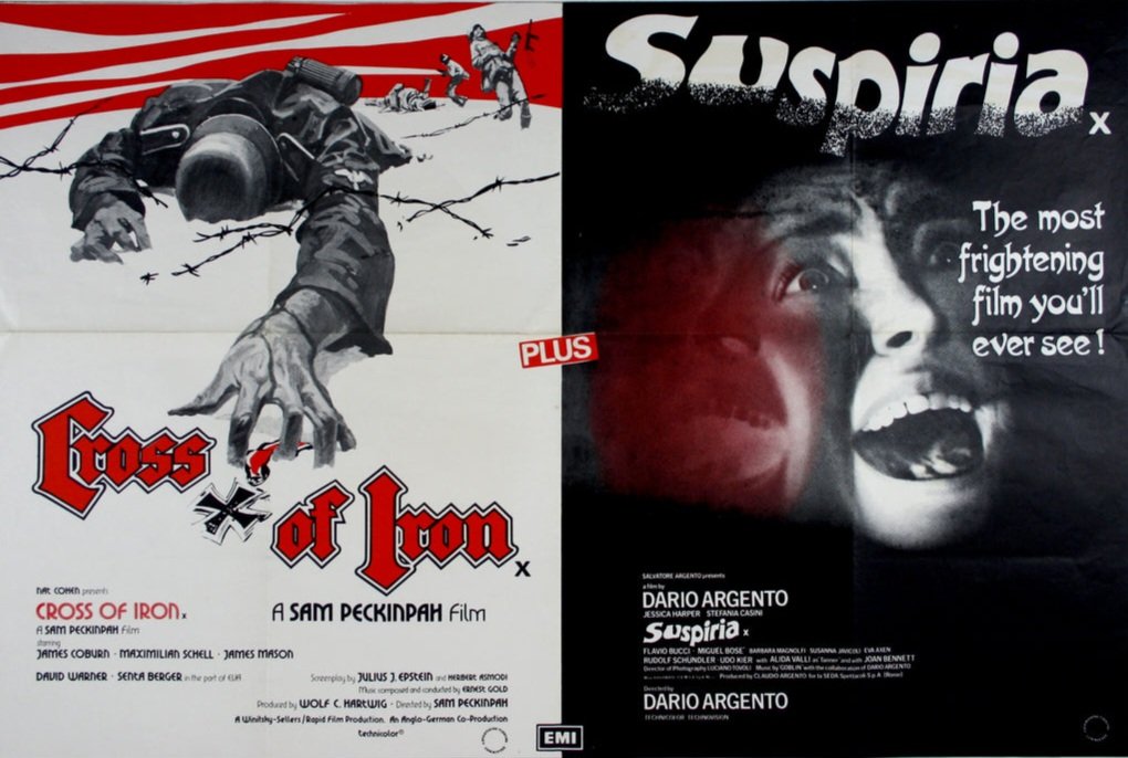 UK double-bill film poster for #SamPeckinpah's #CrossOfIron (1977) & #DarioArgento's #Suspiria (1977)