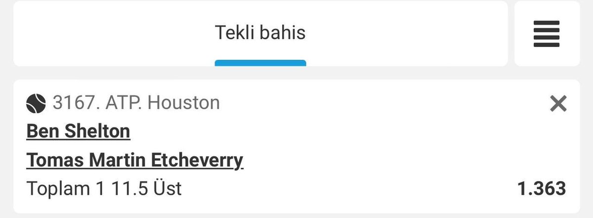 Bugün için en fazla aklıma yatan tercih.

Kombolara eklenebilir.

📍Shelton, kendi ülkesinde düzenlenen turnuvaları genellikle iyi oynayan 1 isim. Houston’da da gayet iyi görünüyor.

Buradaki toprak kort diğer toprak zeminlere oranla çok daha hızlı. Bu da iyi servis atanlar için