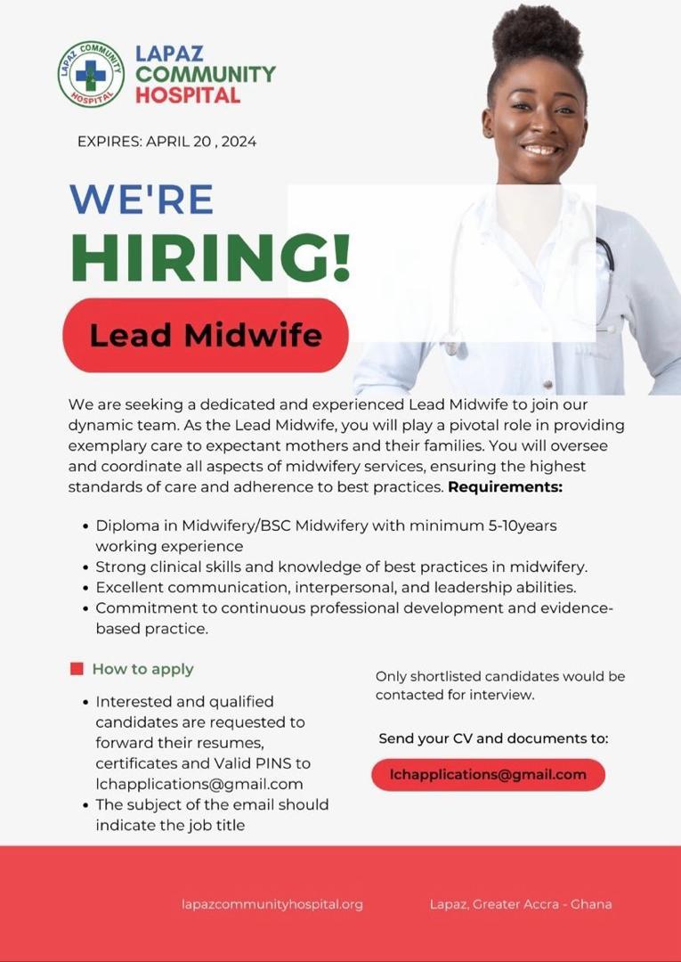 Lead Midwife
Deadline: 20th April,2024.

#vacanciesingh #HIRINGNOW