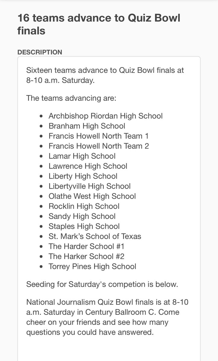 Good luck to the <a href="/OWYearbook/">Olathe West Parliament Yearbook</a> and <a href="/OWOwlPost/">Olathe West Owl Post News</a> editor in chiefs who placed in the top 16 yesterday’s exam and are competing today in <a href="/nationalJEA/">JEA</a>’s Quiz Bowl! @OlatheCTE