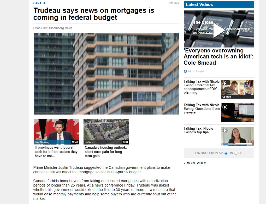 Rumors circulating that Trudeau is going to extend the amortization period on mortgages. This is what happens when your Finance Minister owns 4 income properties and doesn't want to address the obvious problem.