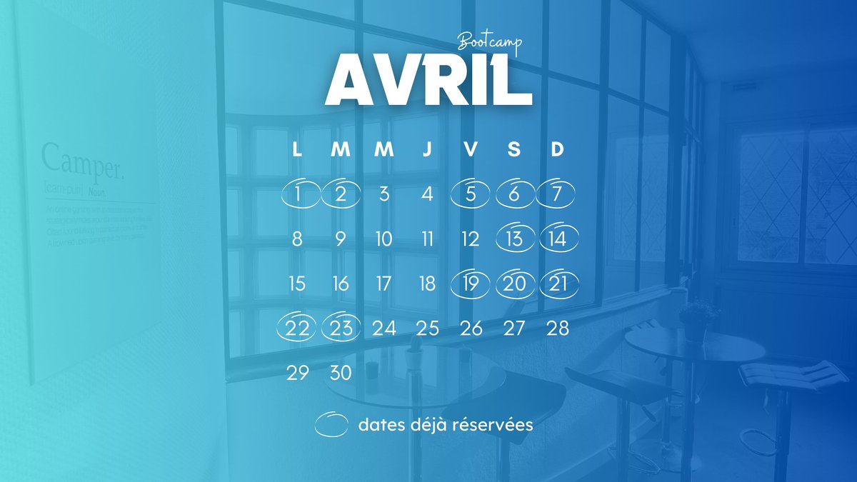 Réserve ton Bootcamp sur les dates libres et obtiens 10% de réduction sur le prix total de ton séjour 🔥

👉 Réservation sur Homyno.fr/bootcamp 

⚠️ L'offre est valable uniquement en Avril