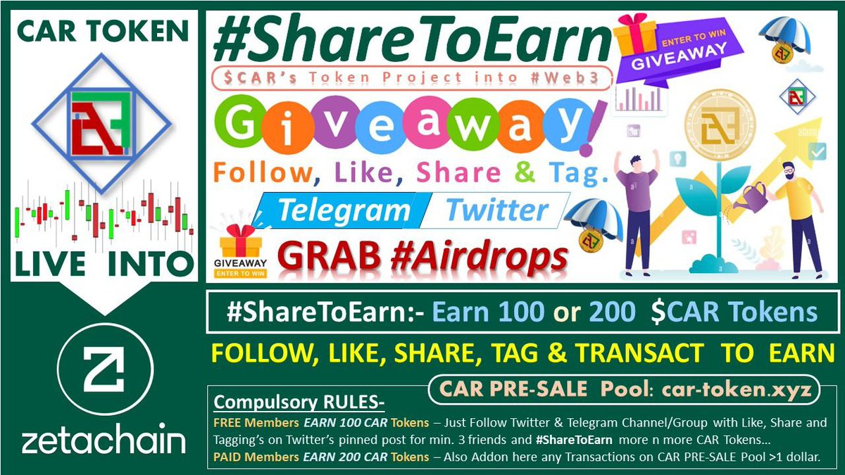CAR_Analysis's tweet photo. EARN #Giveaways #Airdrops
FREE $CAR Tokens

FOLLOW STEPS-
1️⃣JOIN https://t.co/YMCpjKYGhL
2️⃣FOLLOW @CAR_Analysis
3️⃣LIKE, SHARE &amp; TAG 3 Friends
4️⃣Submit your Username of
Telegram &amp; Twitter
5️⃣Submit $CAR Token Address

🎁Earn 100 $CAR each

#ShareToEarn
#ReviewsToEarn #PredictToEarn https://t.co/BFEk3X5QLU