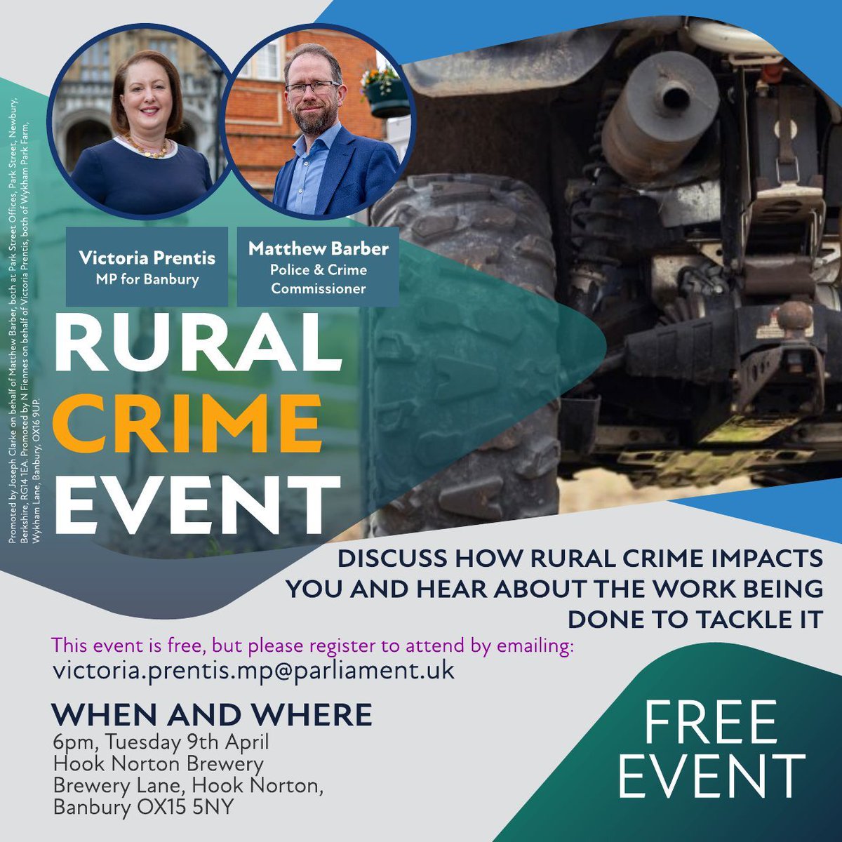 Join me to discuss #RuralCrime with @VictoriaPrentis 📍 Hook Norton Brewery @HookyBrewery 🗓 Tuesday 9th April ⏰ 1800