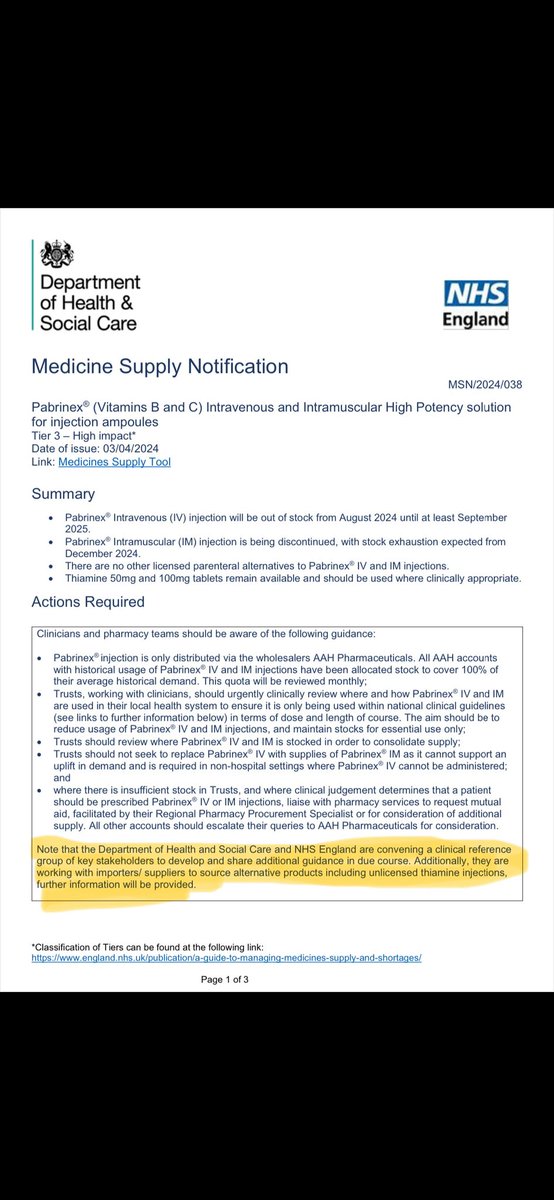 For those panicking about a UK supply issue of #Pabrinex expected in a few months time*, there will be mitigations, including moves to get in parenteral thiamine which is the bit we need Issue known because it was seen coming and comms have gone out (*there is time to prepare)
