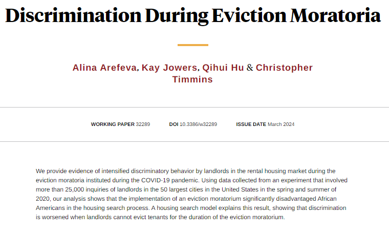 Evidence of intensified discrimination by landlords in the rental housing market during the eviction moratoria instituted during the COVID-19 pandemic, from Alina Arefeva, Kay Jowers, Qihui Hu, and Christopher Timmins nber.org/papers/w32289