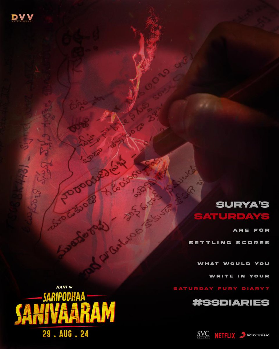 MediaYouwe's tweet photo. Usually, that's how Surya begins his RAGING GAME 🔥

What thoughts do you write down in your diaries?

Interesting responses will receive a surprise 😉 #SSDiaries

#SaripodhaaSanivaaram
#SuryasSaturday

Natural 🌟 @NameIsNani @iam_SJSuryah @priyankaamohan #VivekAthreya @JxBe @muraligdop @karthikaSriniva @SVR4446 @IamKalyanDasari @DVVMovies @SVC_Official @SonyMusicSouth