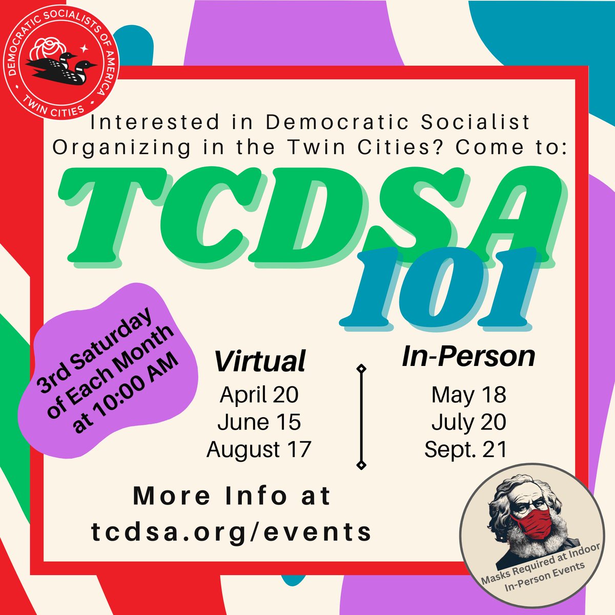 Curious about how to get involved with Twin Cities DSA? Come to one of our upcoming TCDSA 101 sessions. The next one is on Zoom at 10AM on Saturday, April 20. #TrySocialism