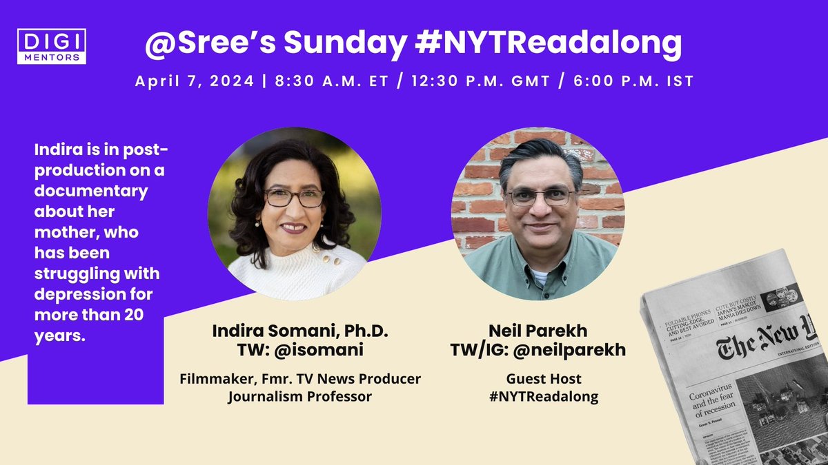 1/x @isomani is this week's guest on @Sree's Sunday #NYTReadalong. She's an independent filmmaker, journalism professor and fmr. TV news producer. We'll be live at 8:30am ET / 5:30am PT(!) on FB, TW, LI, YT and our @Digimentors website. Links/Details: digimentors.group/post/nytreadal…