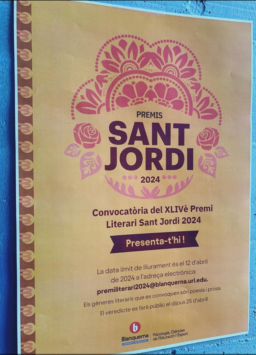 La setmana de Sant Jordi-2024 a la <a href="/BlanquernaFPCEE/">Blanquerna FPCEE</a> serà de les que fan època!
S’inauguraran 5 exposicions en paral.lel. Gaudirem d’obres de teatre, actuacions musicals corals, grupals i individuals.Castellers, esports, premis i llibres.
Fent cultura,fem Universitat <a href="/uramonllull/">U. Ramon Llull (URL)</a>