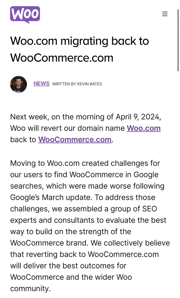 It’s not every day that you see a domain name migration reversal, especially from a 3-letter .com domain. Google updates are partly to blame for the decision. WooCommerce is owned by Automattic, who also own WordPress.