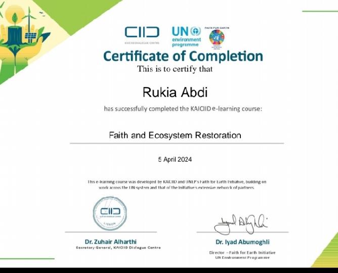 I recently completed a course on Faith and ecosystem restoration by @KAICIID and @UNEPFaith4Earth @UNEP where I learnt about the role of Faith actors in ecosystem restoration as well as teachings of major world religions about the Earth.All in common;we must protect our planet!
