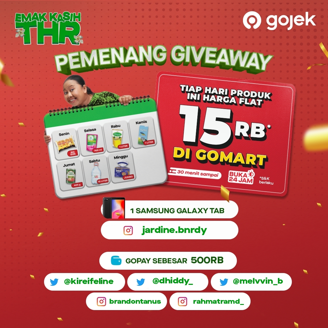 [PENGUMUMAN #GIVEAWAYGOJEK] Mimin mau ucapin selamat buat kamu yang beruntung terpilih sebagai pemenang🎉 ✨@kireifeline ✨@dhiddy_ ✨@melvvin_b Kirimkan data diri kamu melalui DM, gaes. Masih banyak lho keseruan lain dari Gojek Indonesia, ditunggu, ya😄