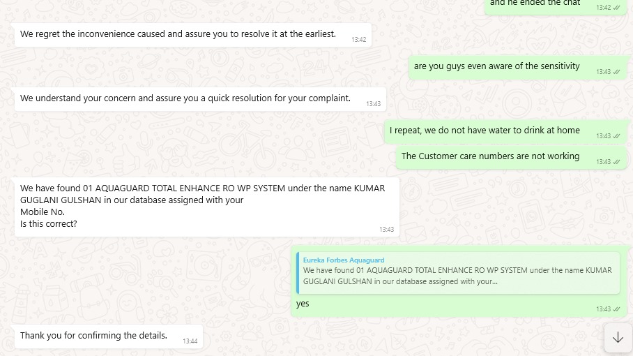 guglanitejasv's tweet photo. @EurekaForbes  plz stop advertising about post sales services. They r pathetic, waste of time/money
no option 2 talk 2 agents &amp; make them understand d sensitivity of not having water at home for the whole day. just chatbots replying shit #shitervice
post:1/2 https://t.co/rRNtD5gD5z