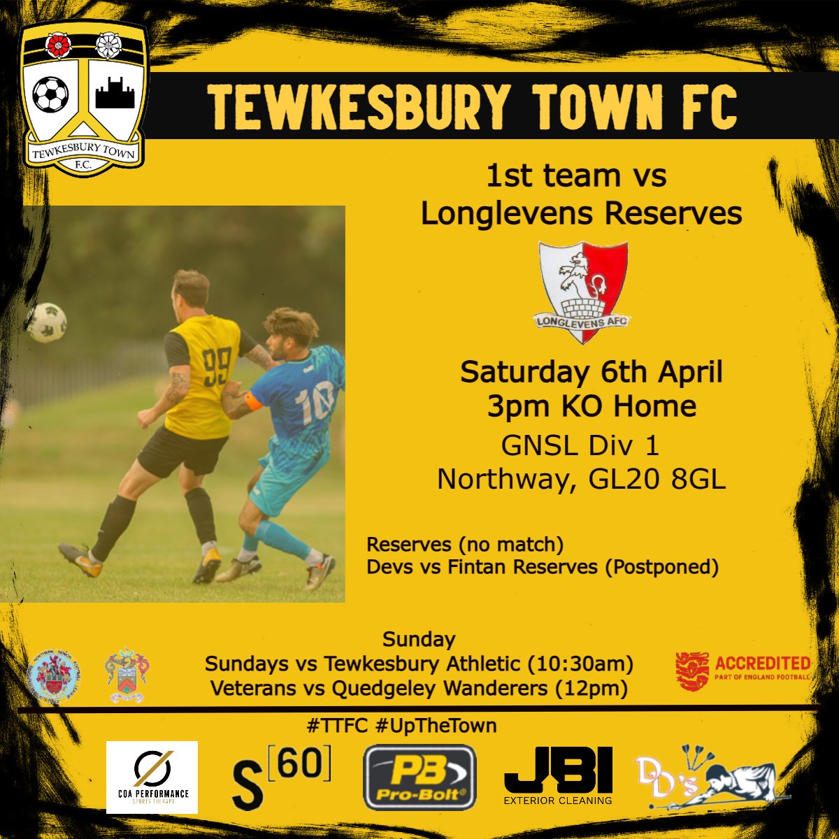 Just the one match today as the 1st team host @longlevensafc Reserves, 3pm at Northway No match for the Reserves The Dev team match has been postponed due to waterlogged pitches at Tewks School Sunday team travel to Tewkesbury Athletic in the cup Vets play Quedgeley Wanderers