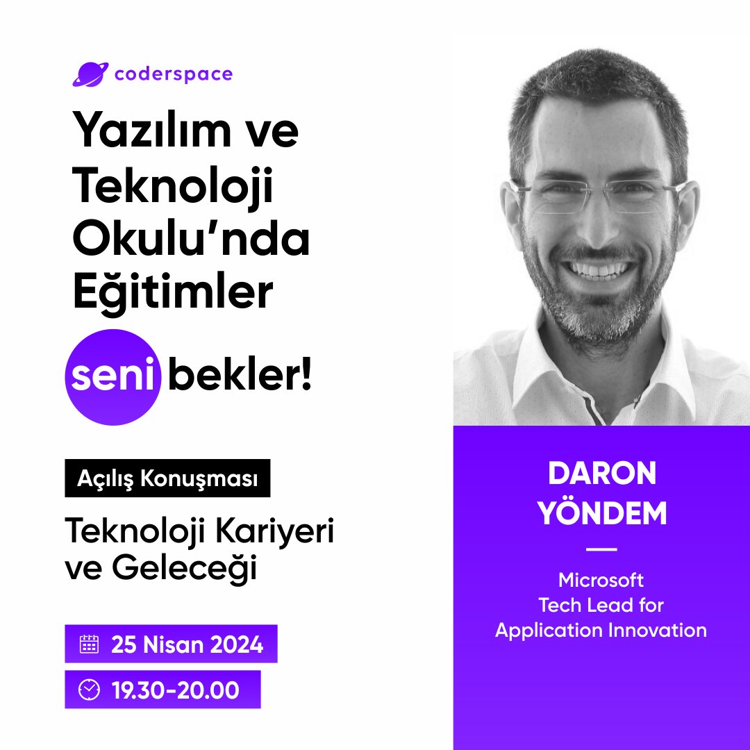 Açılış konuşmasını yapacağım @coderspace_io Yazılım ve Teknoloji Okulu’nda, yazılım alanında kariyer yapmayı düşünen üniversite öğrencileri ve yeni mezunlarla bir araya geleceğiz. 🎓 6 hafta boyunca, online oturumlarıyla gerçekleşecek sertifikalı bu okulda, yazılım alanında öncü…