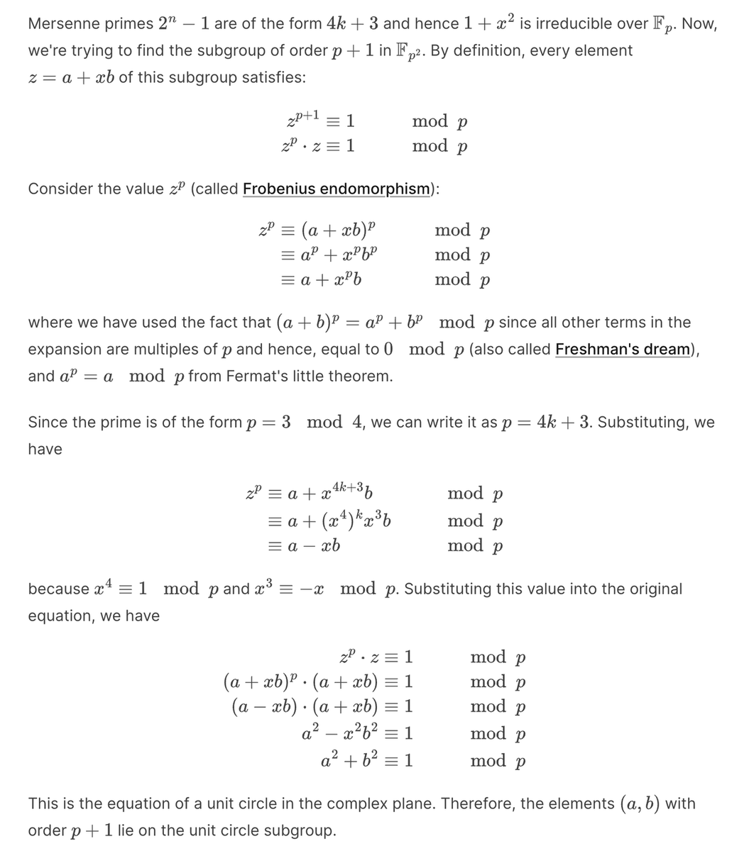 αλ (@0xa9a) on Twitter photo Been looking into Circle STARKs and the Mersenne-31 prime after reading <a href="/EliBenSasson/">Eli Ben-Sasson</a>'s post.
In Mersenne primes, p-1 isn't a large power of 2, but p+1 is. Here's a short proof of how you arrive at the circle group when looking for p+1 subgroups in the extension field: Been looking into Circle STARKs and the Mersenne-31 prime after reading <a href="/EliBenSasson/">Eli Ben-Sasson</a>'s post.
In Mersenne primes, p-1 isn't a large power of 2, but p+1 is. Here's a short proof of how you arrive at the circle group when looking for p+1 subgroups in the extension field: