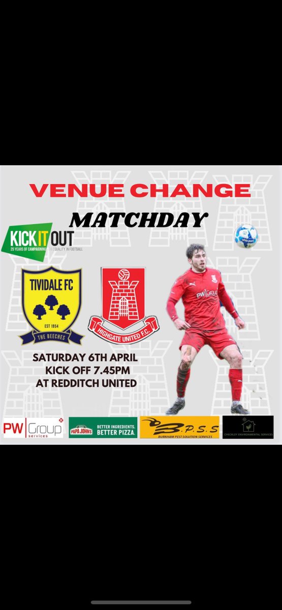 Please note kick off time and venue change due to <a href="/TiviFCofficial/">Tividale FC 💛💙</a> pitch being waterlogged 
This game will be <a href="/RedditchUtd/">Redditch United</a> postcode B97 4AU