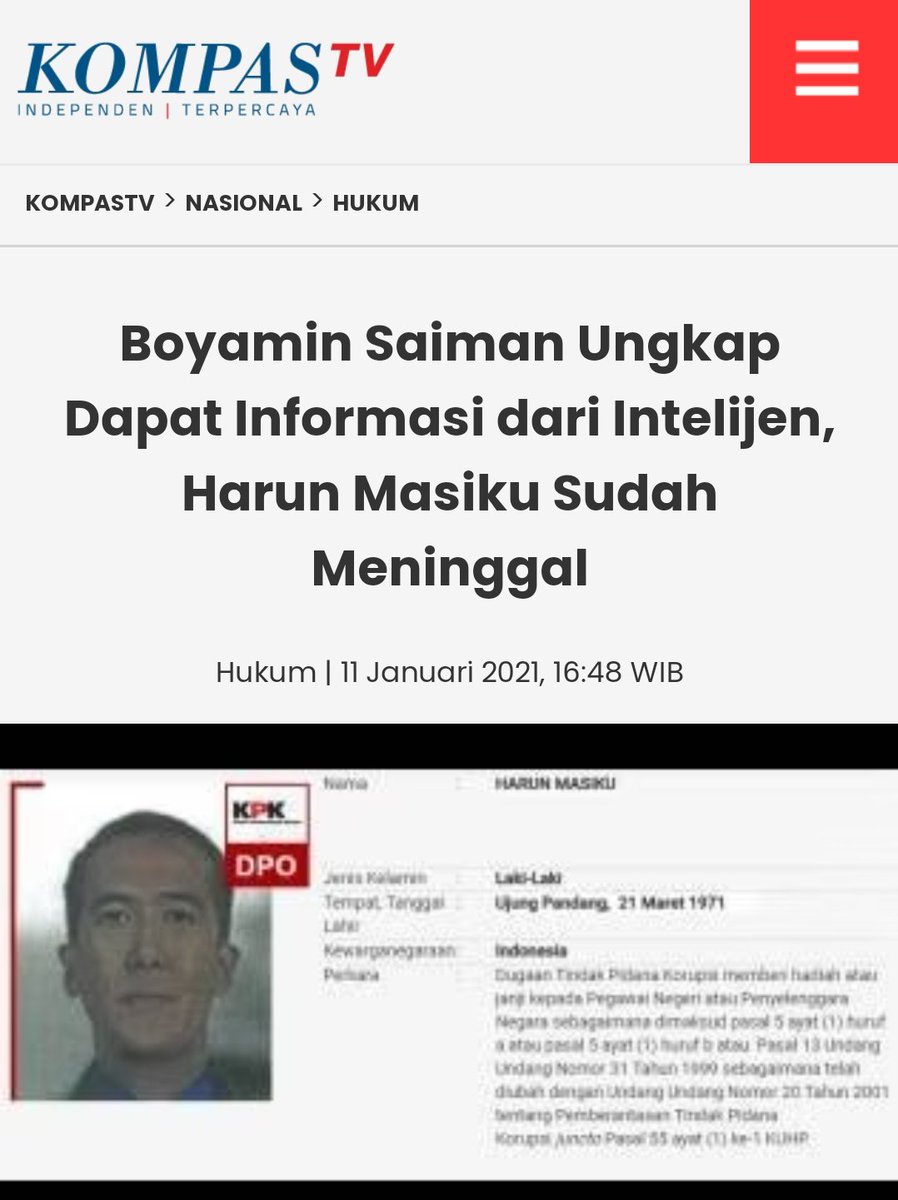 Dear <a href="/KPK_RI/">KPK</a> 
4 saksi kunci e-KTP, diduga mati dibunuh oleh <a href="/ganjarpranowo/">Ganjar Pranowo</a> dkk dg tujuan hanya untuk pidanakan SetNov kader <a href="/golkar_id/">Golkar Indonesia</a>

Jika benar HM mati ? Maka diduga HASTO paling mengetahui siapa pembunuh Harun Masikhu !!

Tangkap dan Adili Hasto PDI-P 

cc <a href="/Poldametrojaya_/">Poldametrojaya</a>