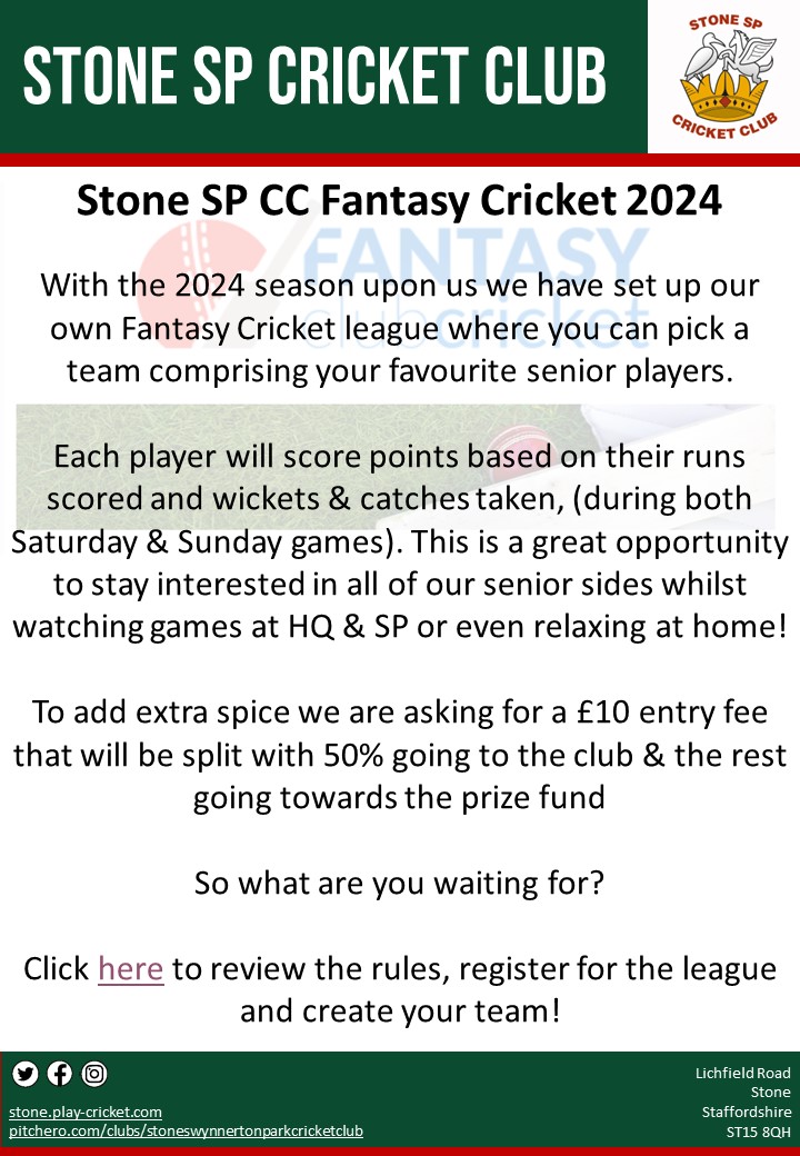 It's back for 2024 Stone SP CC Fantasy Cricket! To review the rules, register for the league and create your team click here stonecc.fantasyclubcricket.co.uk
